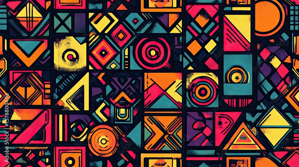 Poster the stock photo shows a seamless texture composed of overlapping geometric shapes and symbols.