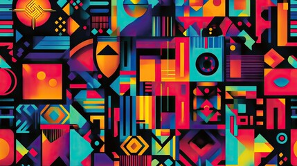 The stock photo shows a seamless texture composed of overlapping geometric shapes and symbols.