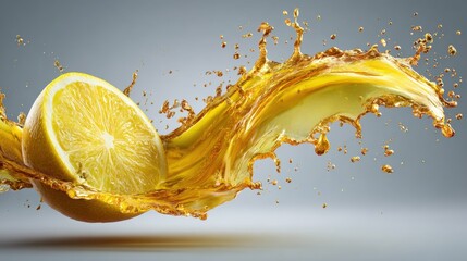 A vibrant lemon slice splashes through a wave of juice, creating a dynamic and refreshing visual against a gray background.