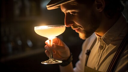A skilled bartender carefully smells a cocktail, showcasing the art of mixology