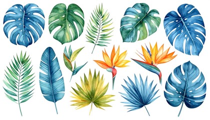 Tropical leaves and flowers, vibrant watercolor