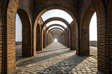 Fototapeta premium Sunlit Brick Arch Corridor with Repeating Vaults