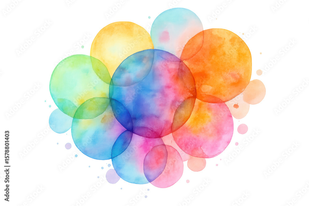 Poster watercolor circles overlapping, generating dynamic multicolored pattern highlighting graphic design 