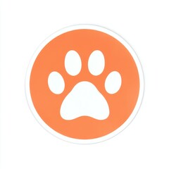 Fototapeta premium Bright orange circular sticker with a minimalist white paw print design, featuring four oval toe pads and a curved base pad, surrounded by a clean white border.