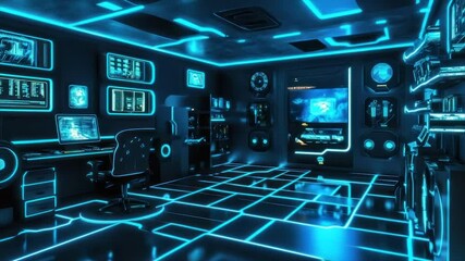 Futuristic blue-lit room with tech gadgets and glowing floor - Powered by Adobe