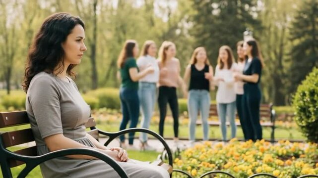 A woman feeling inferiority complex in group &ndash; insecurity and social anxiety among others