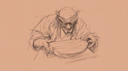 A sketched figure meticulously works on a curved object