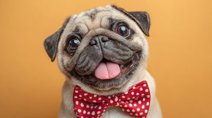 Cute pug with a red polka dot bow tie poses against a warm orange background, showing its tongue and big eyes with a cheerful expression.