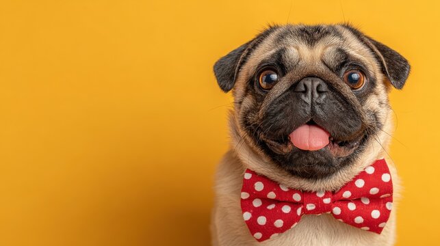 Cute pug wearing a red polka dot bow tie against a bright yellow background, looking directly at the camera.