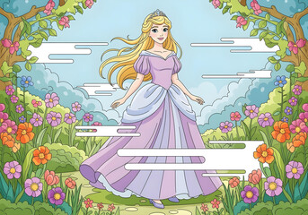 A coloring page for a kids' coloring book featuring a princess in a gown standing in a garden, with simple, easy-to-color shapes.