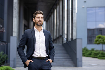 A confident businessman in a suit stands outdoors, with hands in his pockets, in front of a modern...