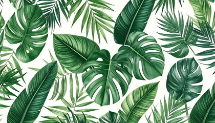 Tropical leaves pattern, various shapes and shades of green on white