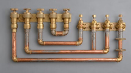 Brass and copper plumbing pipes and valves mounted on a gray wall, showcasing industrial design and functionality.