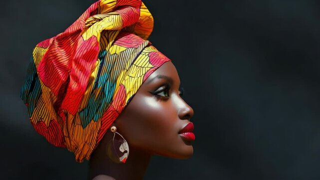 A woman wearing a colorful head scarf and earrings. She has red lipstick on. The scarf is multicolored and has a pattern