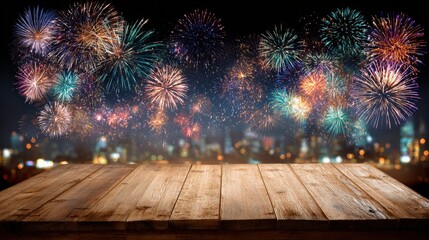 A wooden table in the foreground with vibrant fireworks illuminating the night sky over a blurred cityscape.