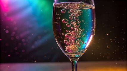 A closeup of a champagne glass filled with sparkling liquid and effervescent bubbles against colorful lights