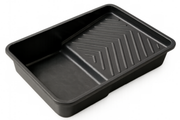 Clean black paint tray with ribbed roll-off area, isolated on transparent background, ready for painting projects