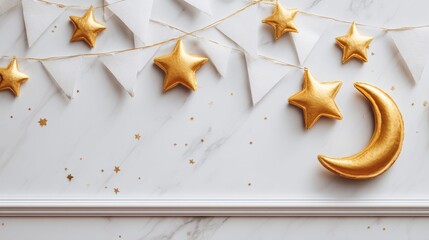 White and gold wall decoration with stars and a crescent moon, featuring paper pennants and scattered star confetti on a marble background.