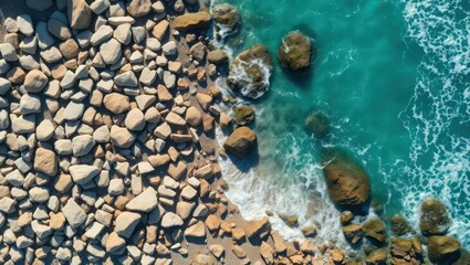 High-angle view of a rocky shoreline meeting turquoise water.