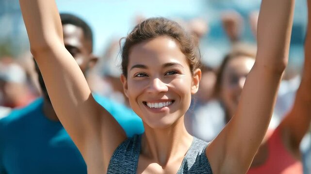 Enthusiastic marathon runners exude community spirit as they celebrate on race day.