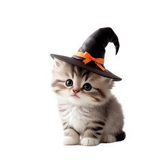 Funny Black Cat with Red Hat Isolated on White Background

