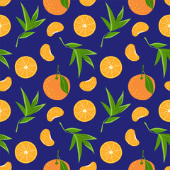 Vector seamless pattern with tangerines, leaves, mandarin slices. Citrus tropical pattern on a dark blue background