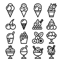 A collection of sixteen different ice cream and dessert icons in a simple, outlined, black and white style.