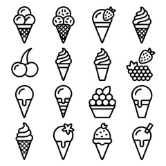 A collection of sixteen different ice cream cone designs, featuring various toppings and cone styles, presented as black and white line art.
