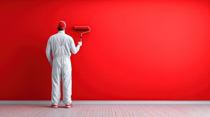 A painter in white overalls and a red cap uses a roller to paint a large wall bright red, standing on a wooden floor.