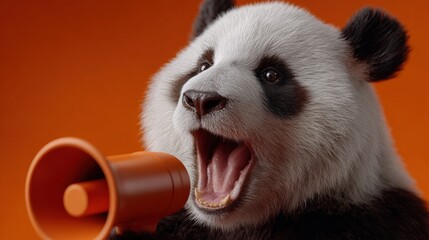 A panda with an open mouth holds an orange megaphone against a vibrant orange background, creating a playful and energetic scene.