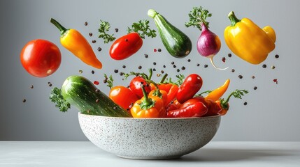 Colorful Vegetables in Ceramic Bowl Mid Air Display
