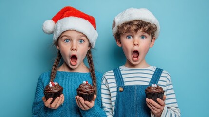 Two surprised children in Santa hats holding chocolate cupcakes against a blue background.