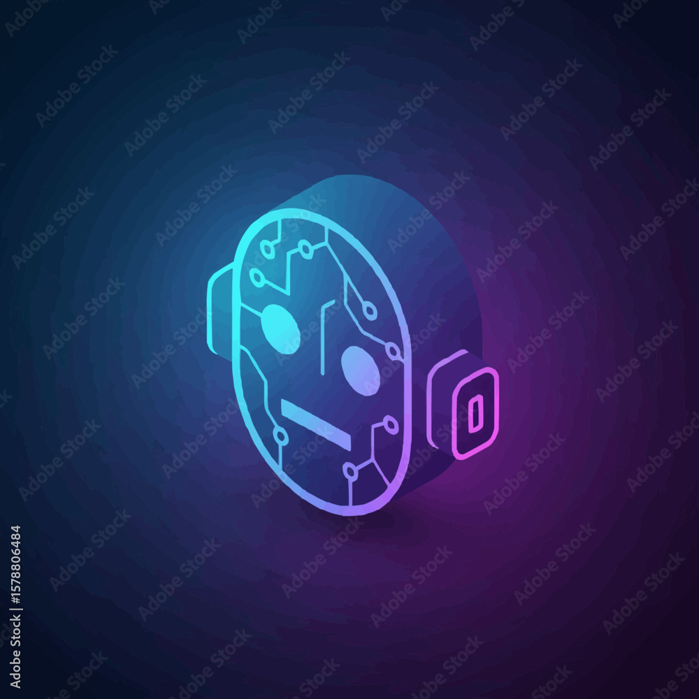 Poster futuristic robot head with circuitry on deep blue and pink gradient background - ai innovation conce