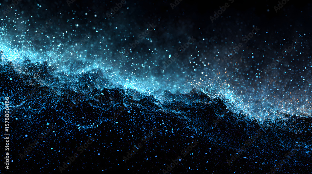 Poster dark grainy background, glowing blue abstract noise texture shape on black banner poster header back