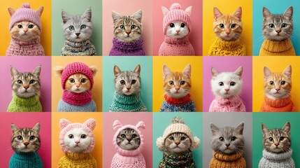 A colorful collage of cats wearing knitted hats and sweaters against vibrant backgrounds, showcasing a playful and cozy theme.