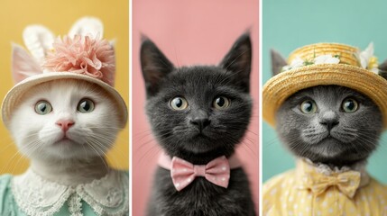 Three adorable cats wear stylish hats and bow ties against colorful backgrounds, showcasing charm and fashion.