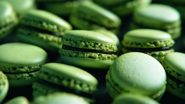 Bright green macarons on a countertop.