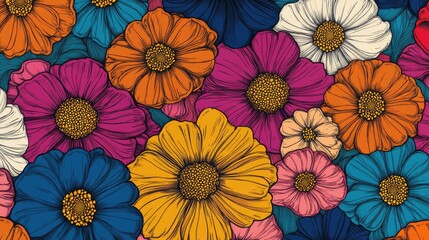 The stock photo showcases a seamless texture of brightly colored, hand-drawn flowers.
