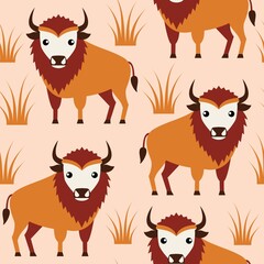 simple abstract seamless pattern with bison in orange brown tones and grass elements on light background, design element for fabric, textile, baby products.