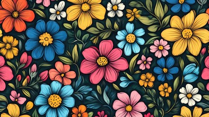 The stock photo showcases a seamless texture of brightly colored, hand-drawn flowers.