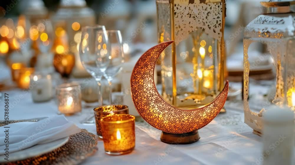 Poster a table with a lit candle in the middle of it. there are also candles on the table