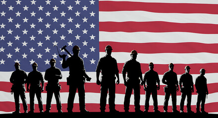 A group of diverse workers' silhouettes stands proudly before a waving American flag. "Happy Labor Day" text celebrates the US national holiday.