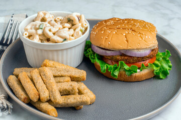 garden burger  with veggie fries and macaroni salad