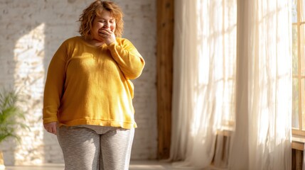 Woman in a yellow sweater yawning near a sunlit window in a cozy room with white curtains and natural light.