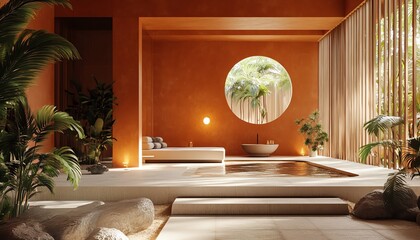 Serene spa interior with terracotta walls, circular window, and tranquil pool. Minimalist design, natural light.