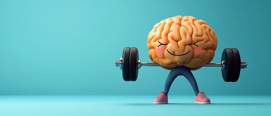 Happy brain lifting weights.  Concept of brain health, cognitive fitness, and mental strength.
