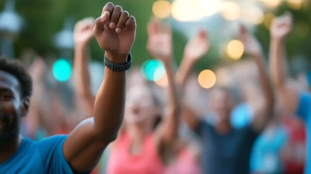 Joyful runners celebrating their achievements at a vibrant outdoor marathon event. - Powered by Adobe