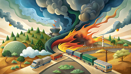 Obraz premium Pollution Coming From Multiple Sources Into One Sky Illustrating Global Crisis