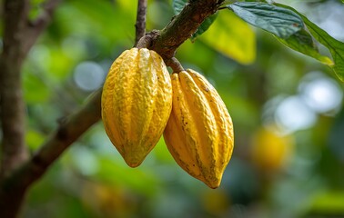 Two yellow cacao pods hanging from the tree