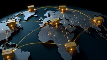 Global trade network with glowing cargo routes dark world map showing international shipping logistics, export import connections